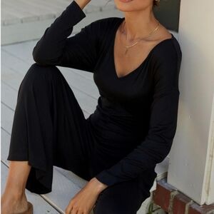 Anthropologie Breezy Wide Leg Jumpsuit Black Self Tie Belt Medium